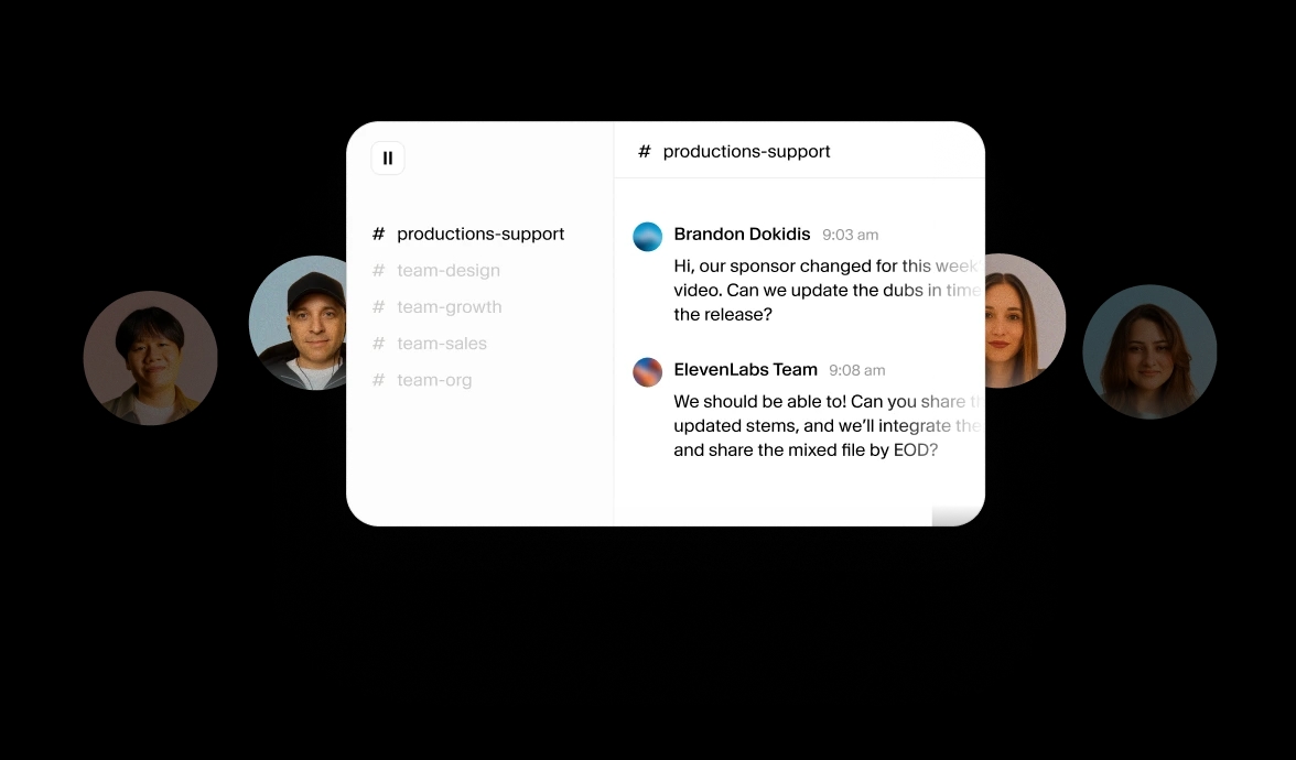 A messaging interface showing a chat in the productions-support channel with team avatars.