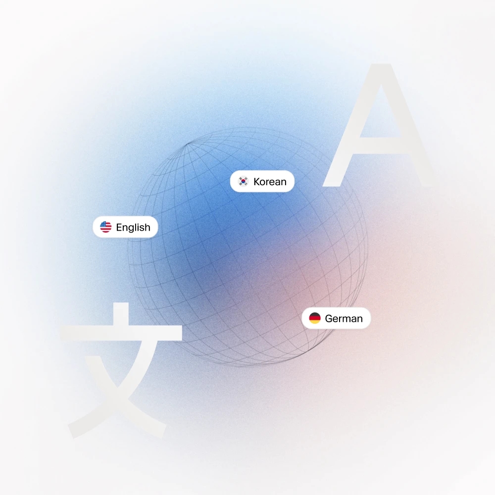 Illustration of a globe with labels for English, Korean, and German languages.