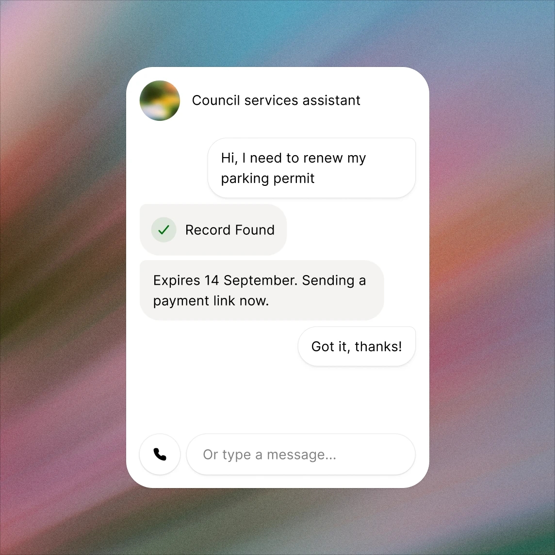 Council chat confirms a parking permit record and sends a payment link; it expires 14 September.
