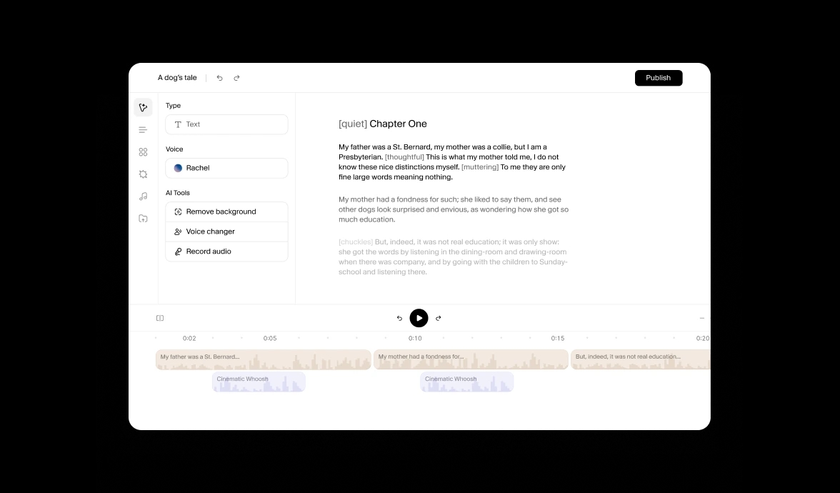 Audio editing interface with text-to-speech features, displaying chapter narration.