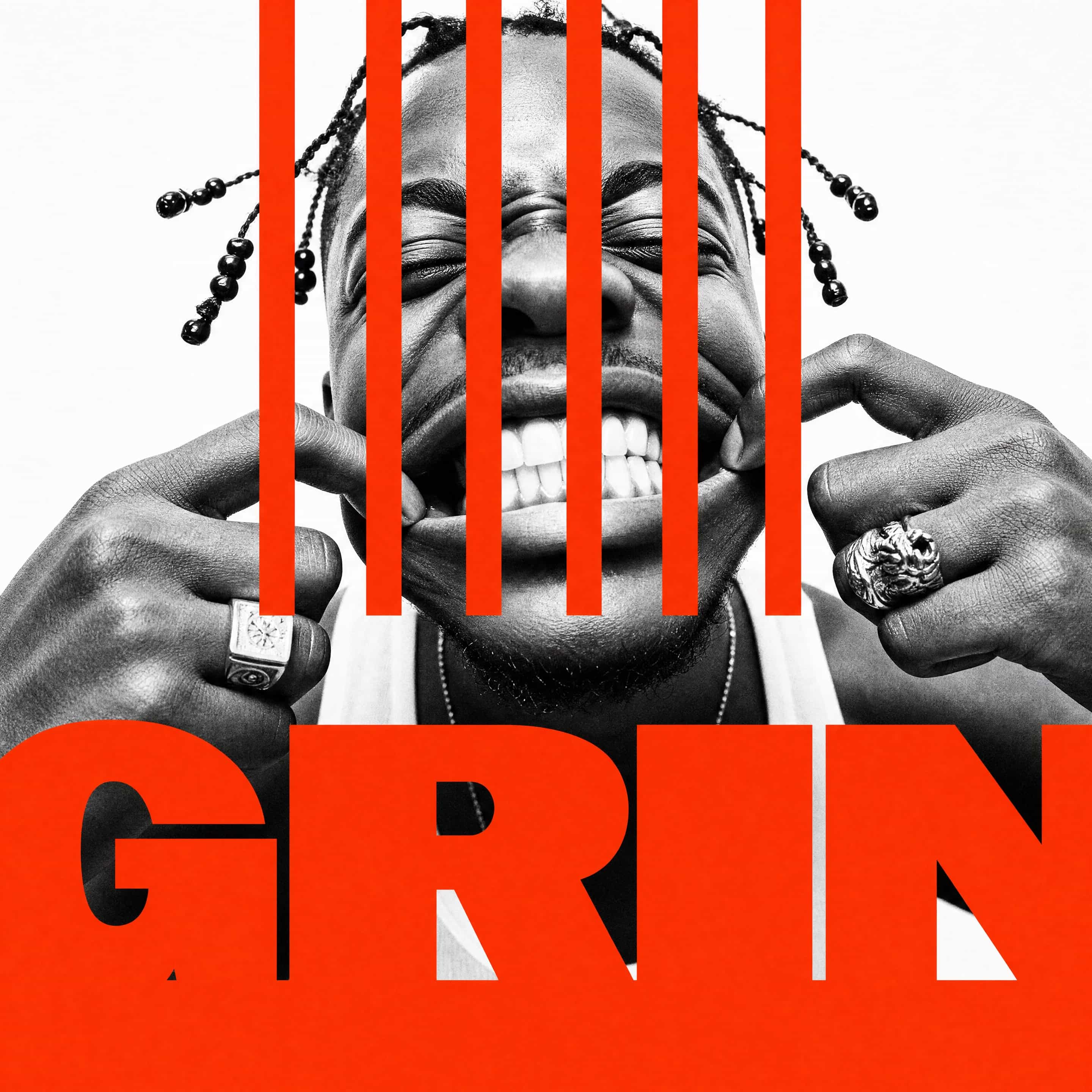 Black-and-white portrait overlaid with orange bars and GRIN typography