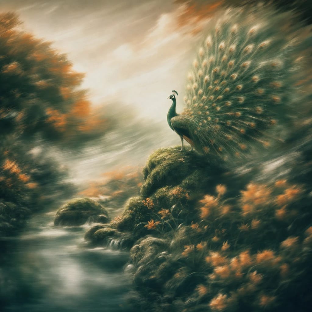 Stylized scene featuring a regal peacock displaying its feathers atop mossy woodland stones, rendered in deep forest green, off-white, and warm orange