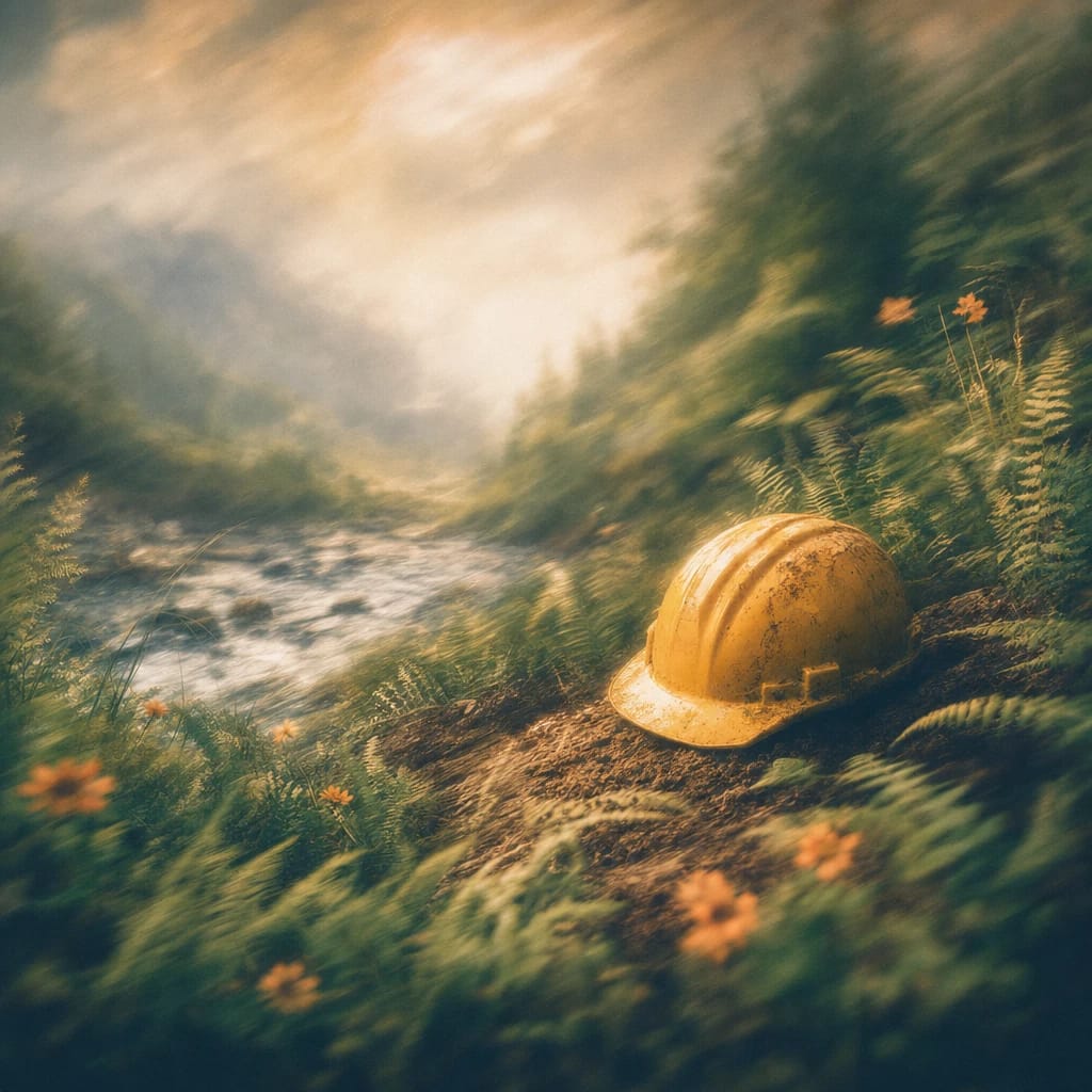 Stylized scene featuring a bright yellow hard hat resting on earthy soil surrounded by green ferns and scattered wildflowers, rendered in deep forest green, off-white, and warm orange