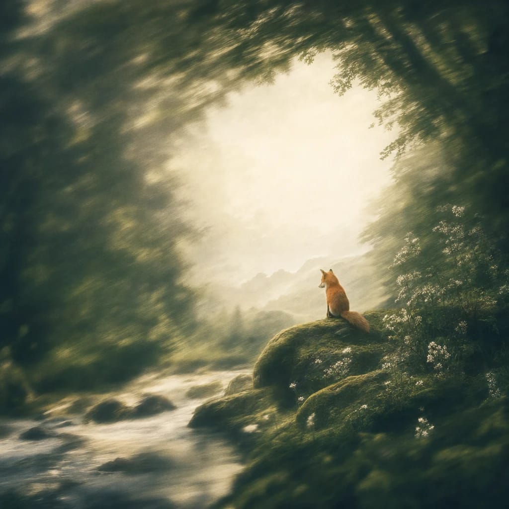 Stylized scene featuring a lone fox sitting atop mossy rocks under a dense, brooding forest canopy, dappled sunlight filtering through the leaves, rendered in deep forest green, off-white, and warm orange
