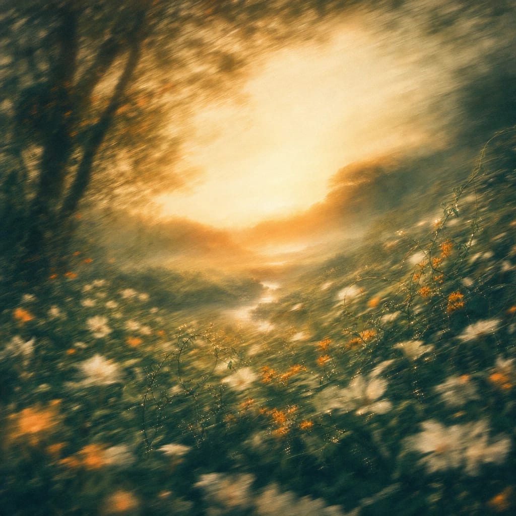 Stylized scene featuring a sun-dappled grove with winding wildflower vines and sparkling dew on lush leaves, rendered in deep forest green, off-white, and warm orange