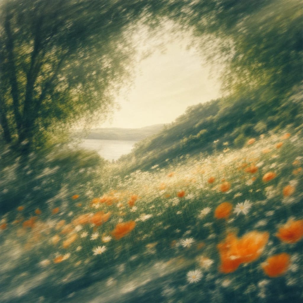 Stylized scene featuring sun-dappled wildflower meadow with bright orange poppies and soft white daisies under leafy green trees, rendered in deep forest green, off-white, and warm orange