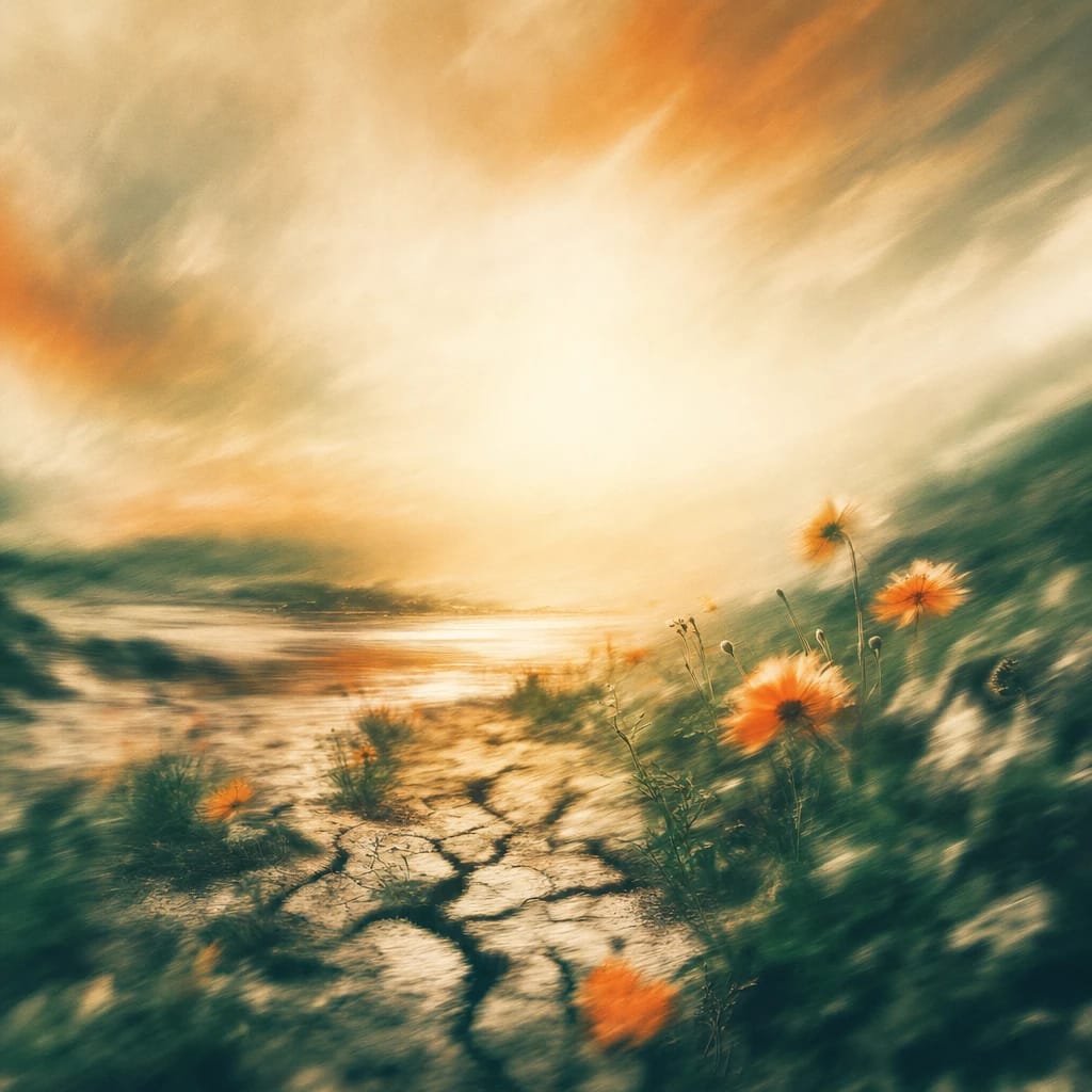 Stylized scene featuring sunlit wildflowers growing defiantly through cracked earth under an open sky, rendered in deep forest green, off-white, and warm orange