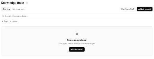 Knowledge Base interface with no documents added, option to add documents available.