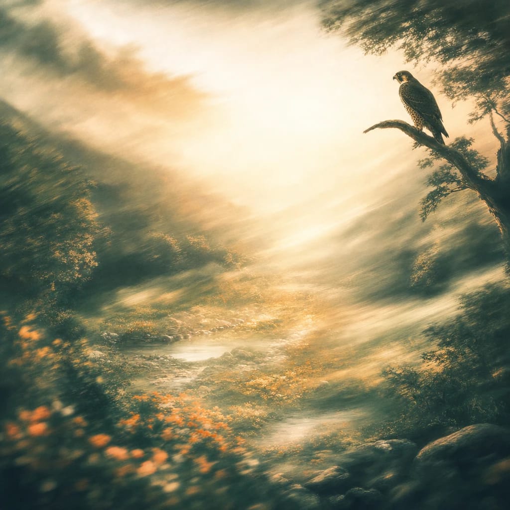 Stylized scene featuring a watchful falcon perched on a high tree branch overlooking a sun-dappled forest clearing, rendered in deep forest green, off-white, and warm orange