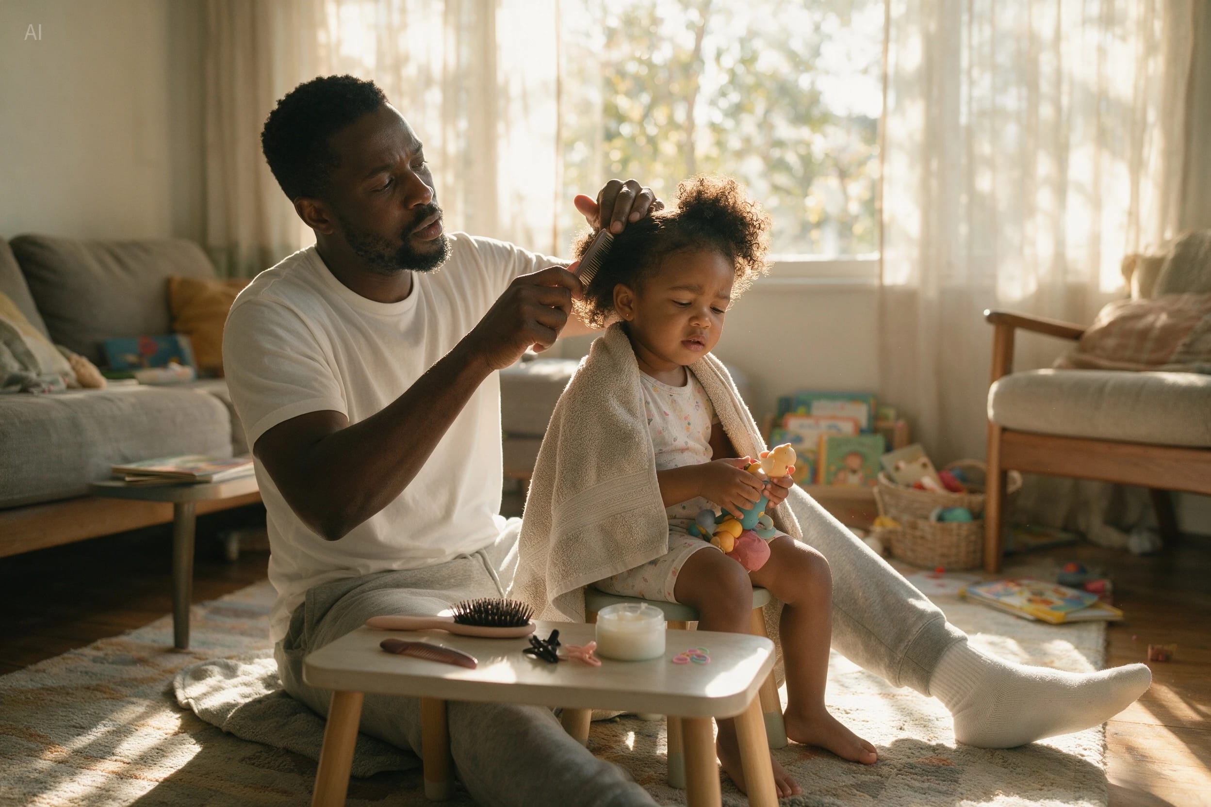 Realistic family-life photography. A Black father is sitting on the living room carpet, combing his young daughter’s hair. The father wears a simple white T-shirt and sweatpants, with a focused expression. The little daughter sits on a small stool in front of him, wrapped in a towel and holding a toy.