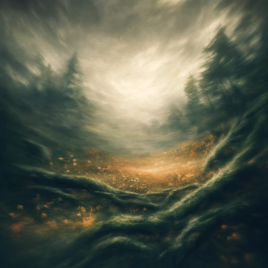 Stylized scene featuring stormy woodland clearing under heavy clouds, with dark moss-covered roots curling across soft earth, rendered in deep forest green, off-white, and warm orange