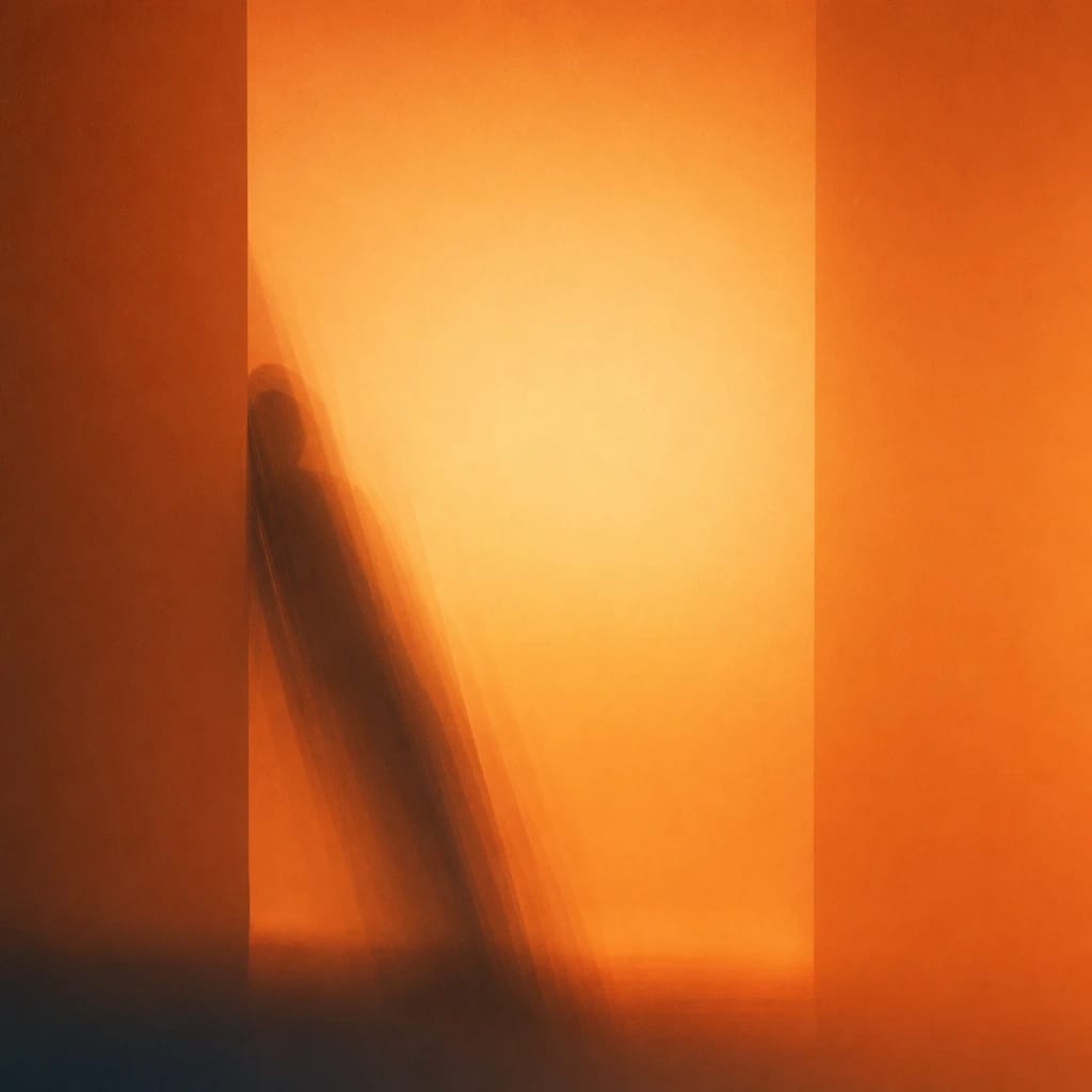 Stylized scene featuring softly lit silhouette of a figure leaning against a doorway, indistinct and inviting, rendered in burnt orange #C94A18