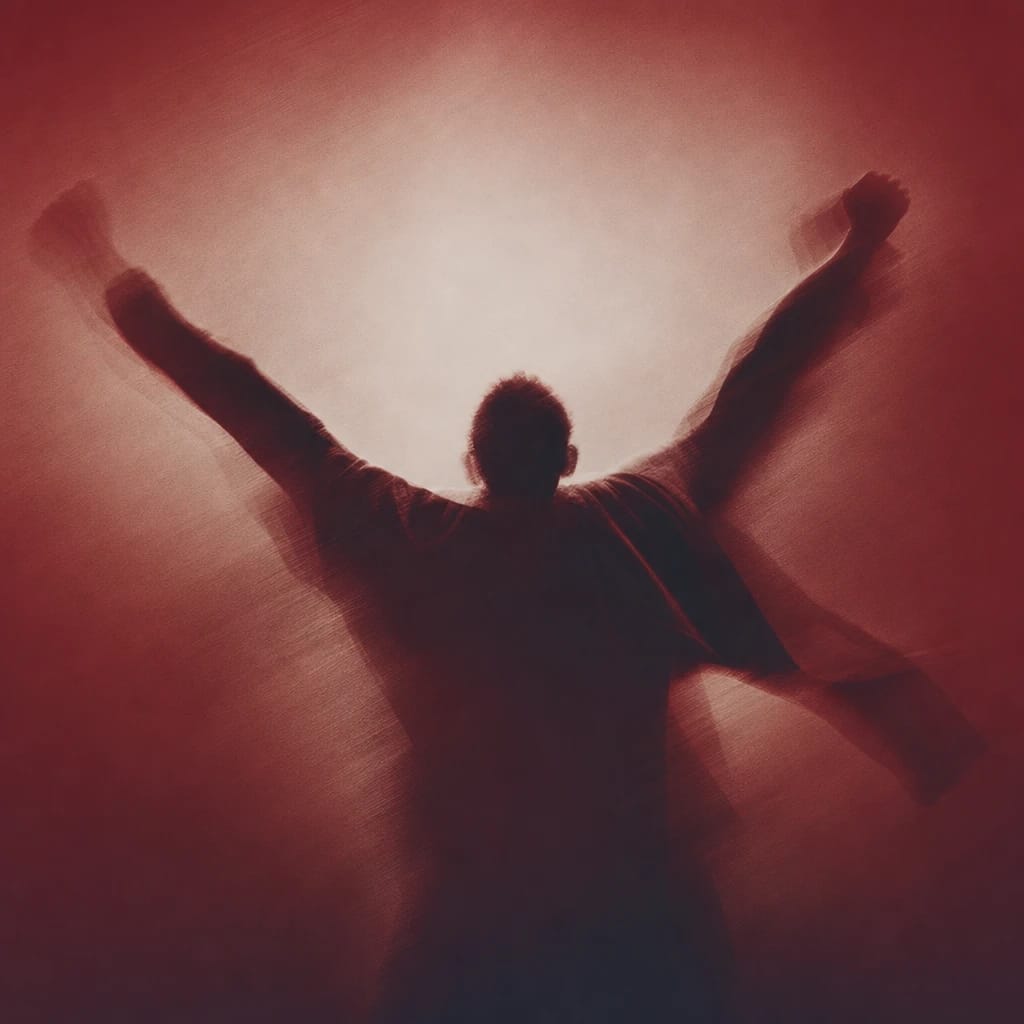 Stylized scene featuring a confident human silhouette with arms lifted in a celebratory gesture, shoulders draped in a blurred collegiate pennant, rendered in burgundy #7A1F2B