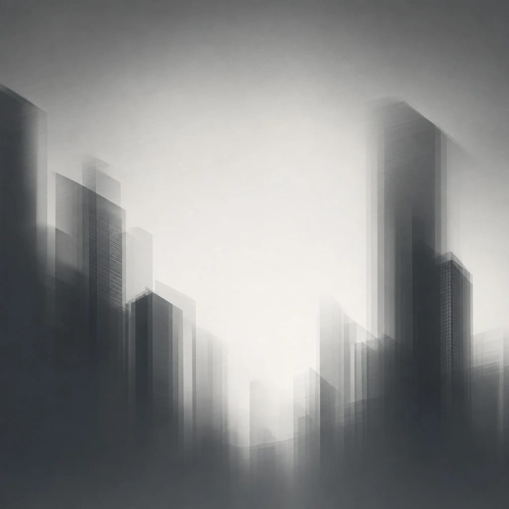 Stylized scene featuring skyline of high-rise buildings, faceted and partially silhouetted, rendered in charcoal gray #41454A