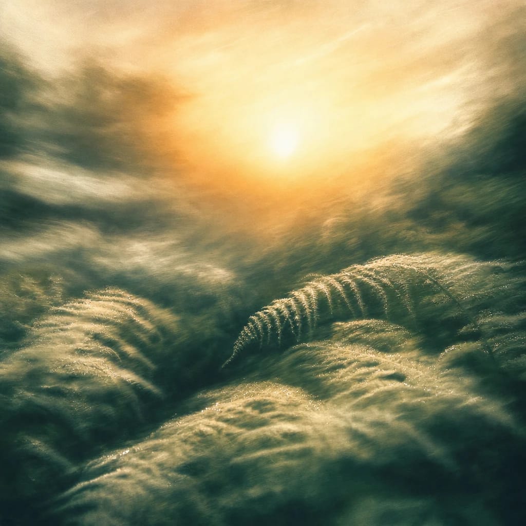 Stylized scene featuring dew-laden woodland ferns gently bending towards a low morning sun, rendered in deep forest green, off-white, and warm orange