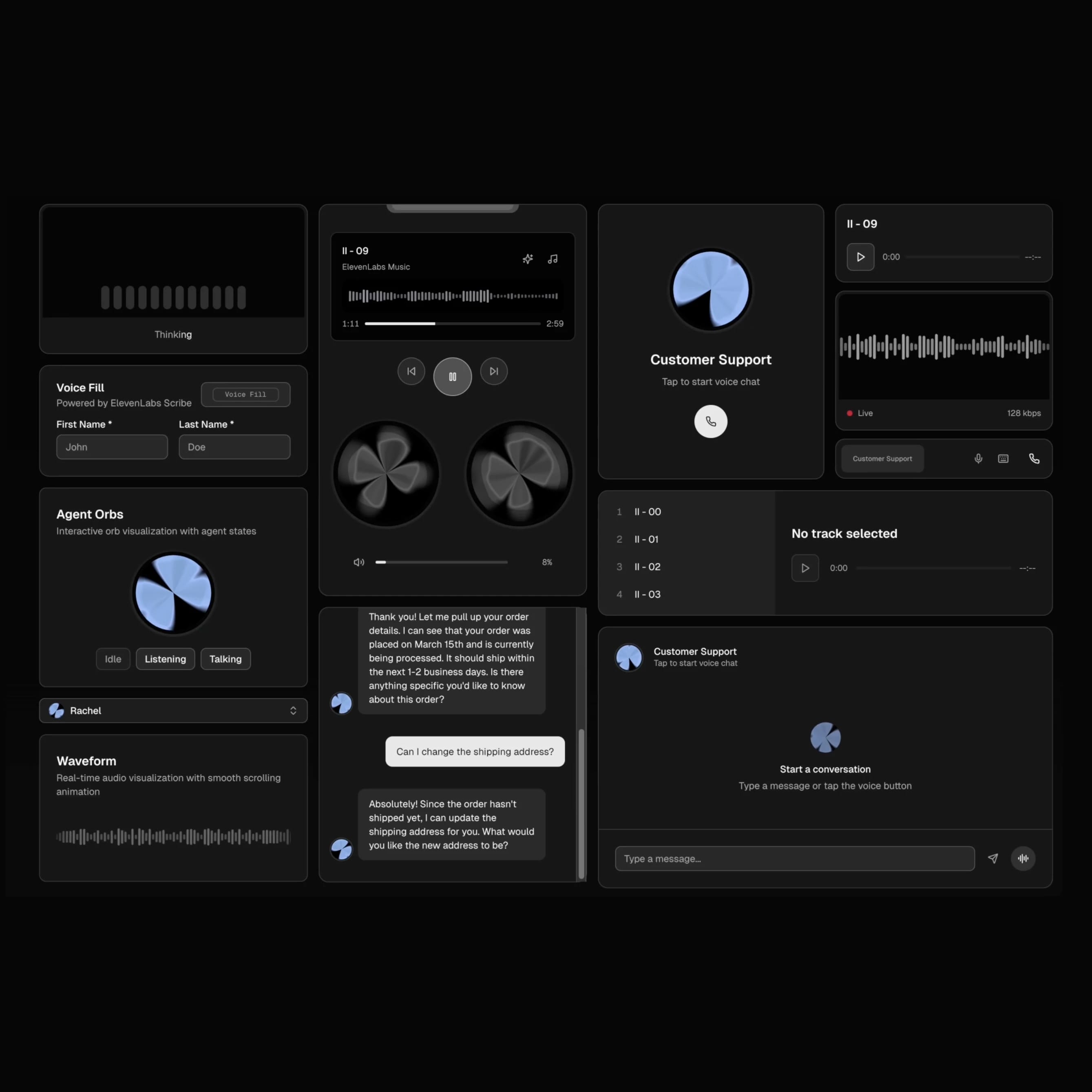 A bento grid of agent components powered by ElevenLabs