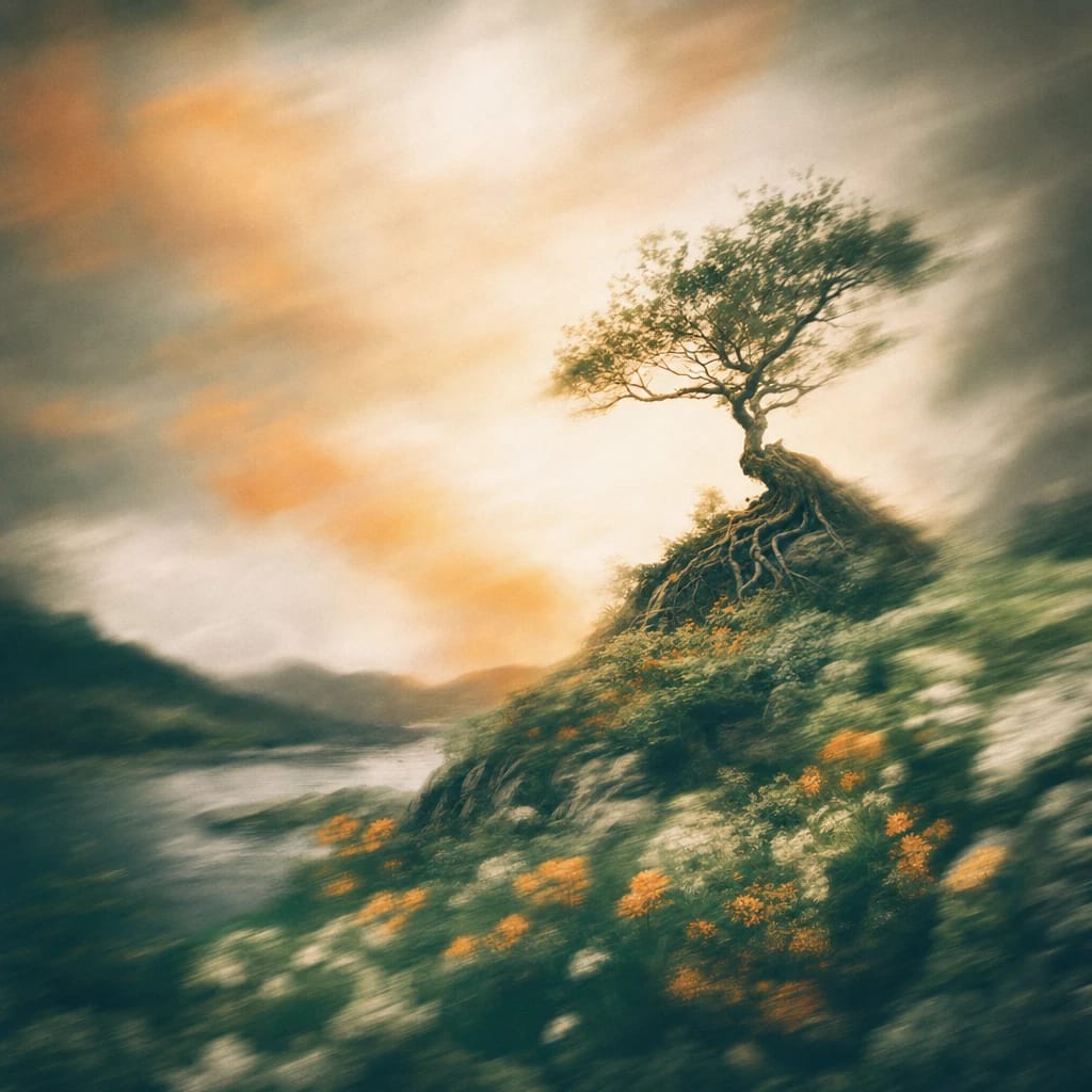 Stylized scene featuring a lone, resilient tree with twisted roots gripping rocky terrain amidst lush undergrowth, rendered in deep forest green, off-white, and warm orange