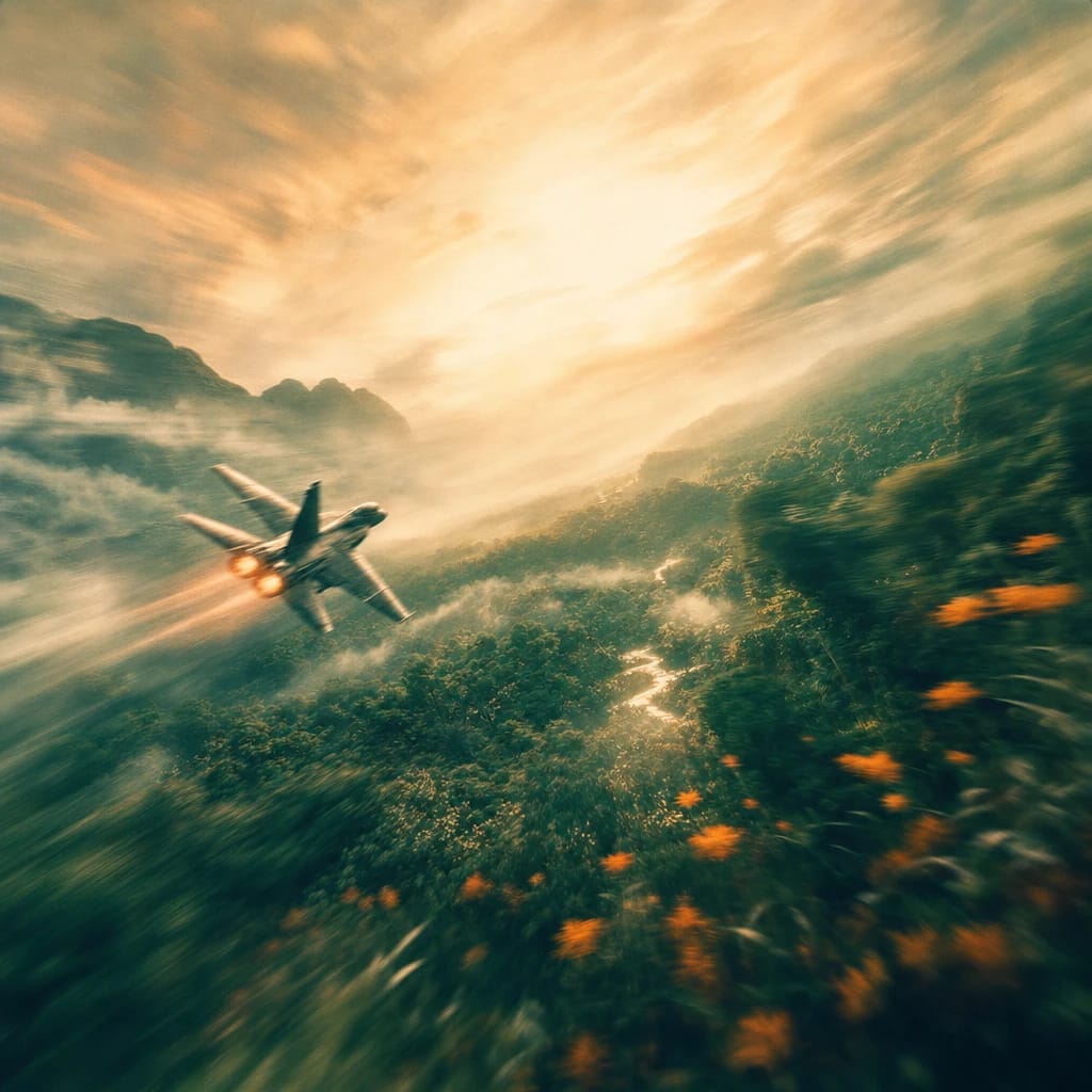 Stylized scene featuring a sleek fighter jet banking over a lush, sunlit forest canopy with wisps of morning mist, rendered in deep forest green, off-white, and warm orange