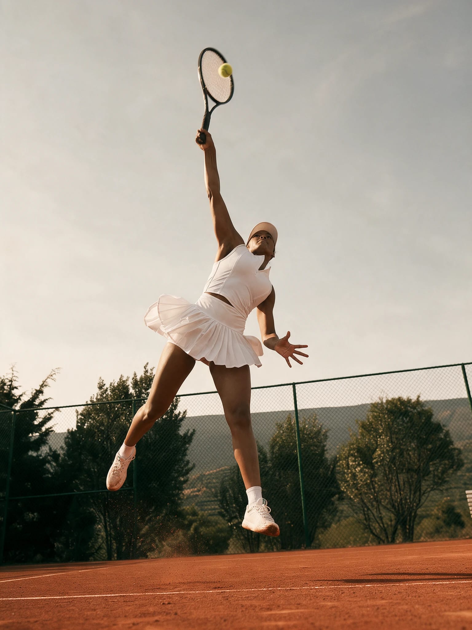 Tennis player in white dress leaps to hit a ball on an outdoor court.