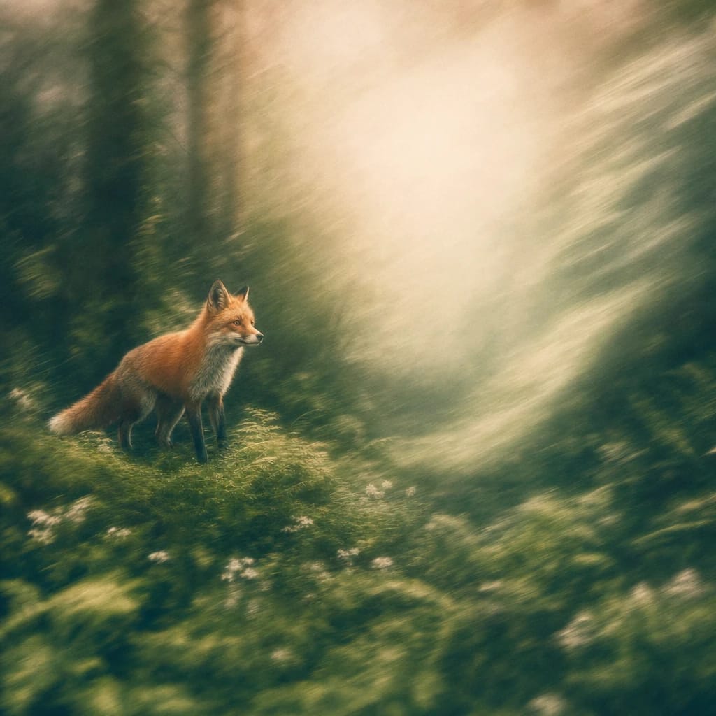 Stylized scene featuring a wary red fox pausing beside lush, mossy ferns in a shadowed forest clearing, alert eyes scanning the trees, rendered in deep forest green, off-white, and warm orange