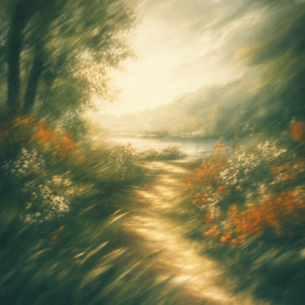 Stylized scene featuring sun-dappled woodland path bordered by vibrant wildflowers, rendered in deep forest green, off-white, and warm orange