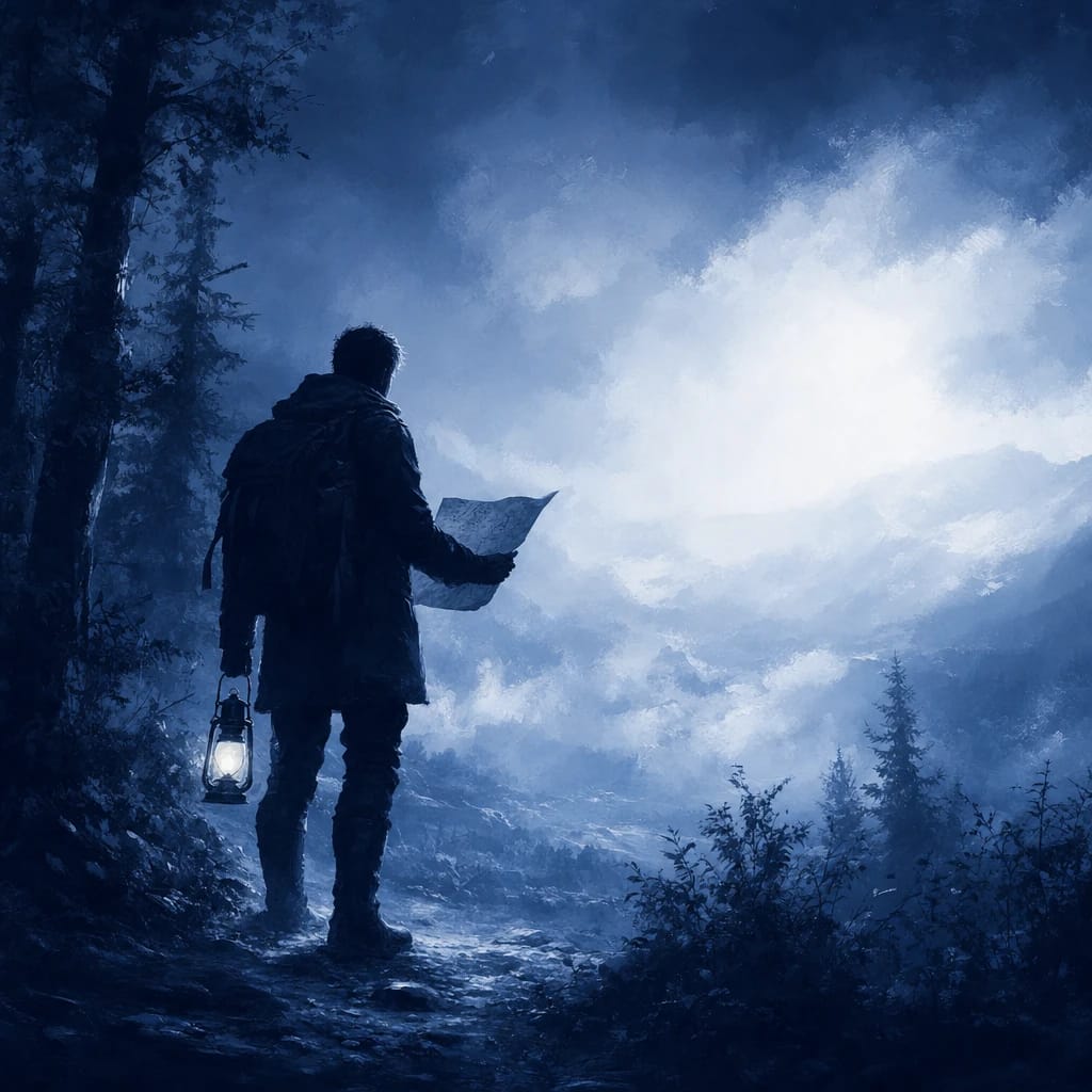 Stylized scene featuring silhouetted explorer with map and lantern on a forest path, rendered in #DFE8F3 and #020A2F