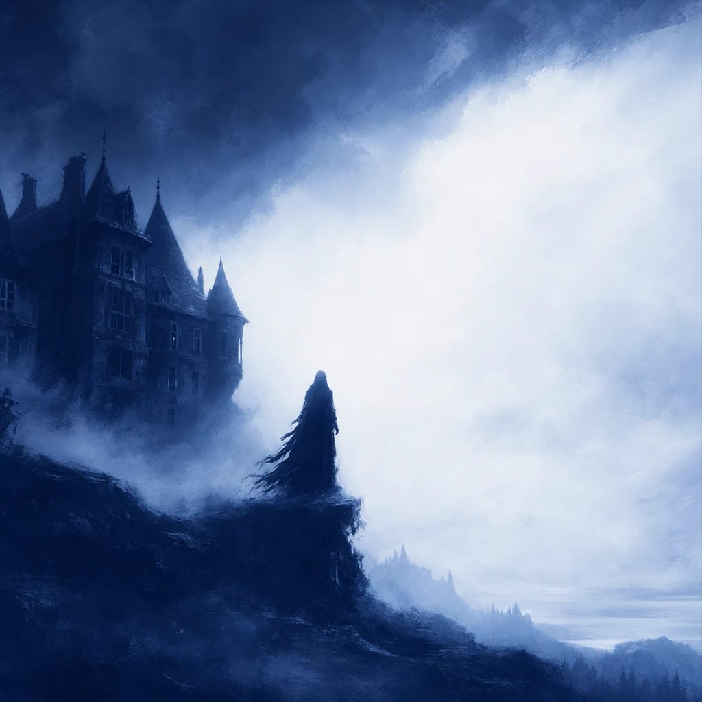 Stylized scene featuring foggy silhouette near an old mansion, rendered in #DFE8F3 and #020A2F