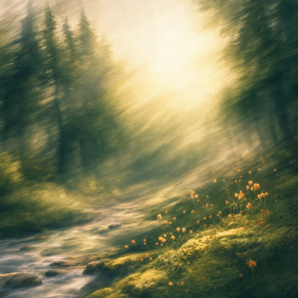 Stylized scene featuring sunlight filtering through tall forest trees, illuminating a patch of soft moss and small orange wildflowers, rendered in deep forest green, off-white, and warm orange
