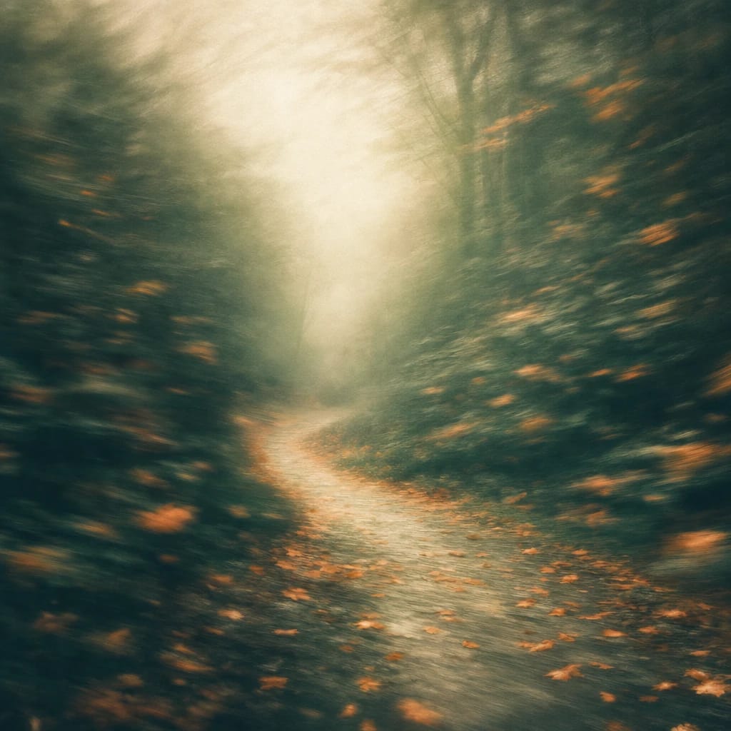 Stylized scene featuring a winding forest path disappearing into dense, misty greenery with fallen orange leaves scattered along the ground, rendered in deep forest green, off-white, and warm orange