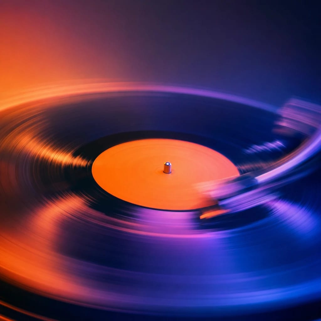 Stylized scene featuring vinyl record spinning on a turntable under colorful club lights, rendered in deep green, off-white