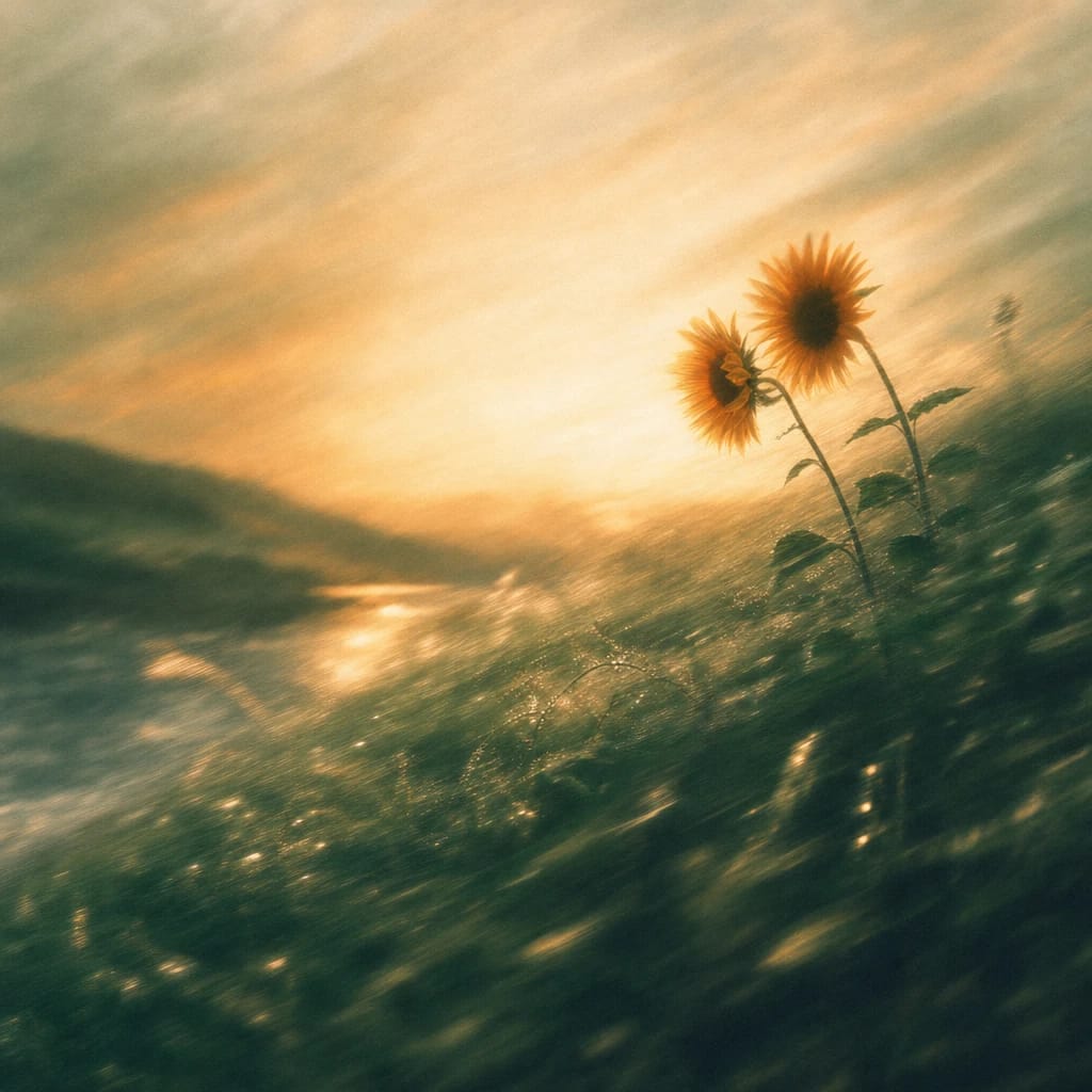 Stylized scene featuring a pair of tall wild sunflowers gently leaning together beneath a soft morning sky, surrounded by dewy meadow grasses, rendered in deep forest green, off-white, and warm orange
