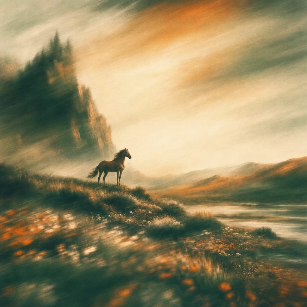 Stylized scene featuring a lone wild horse standing alert on sunlit scrubland, beneath dramatic outcrops and a wide sky, rendered in deep forest green, off-white, and warm orange