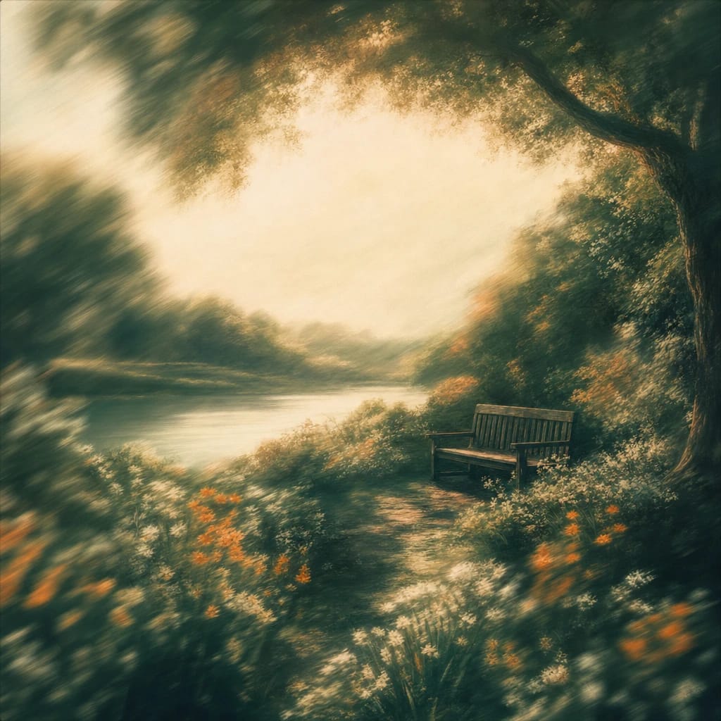 Stylized scene featuring a serene garden bench beneath a sprawling oak, with sun-dappled greenery and soft wildflowers, rendered in deep forest green, off-white, and warm orange