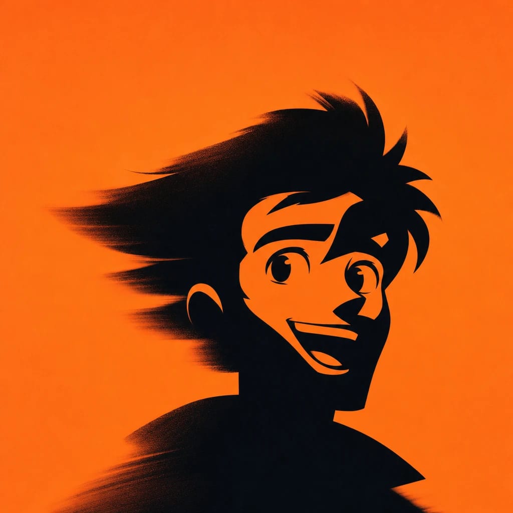 Stylized scene featuring cheerful cartoon face with expressive eyes, rendered in #F76D3F