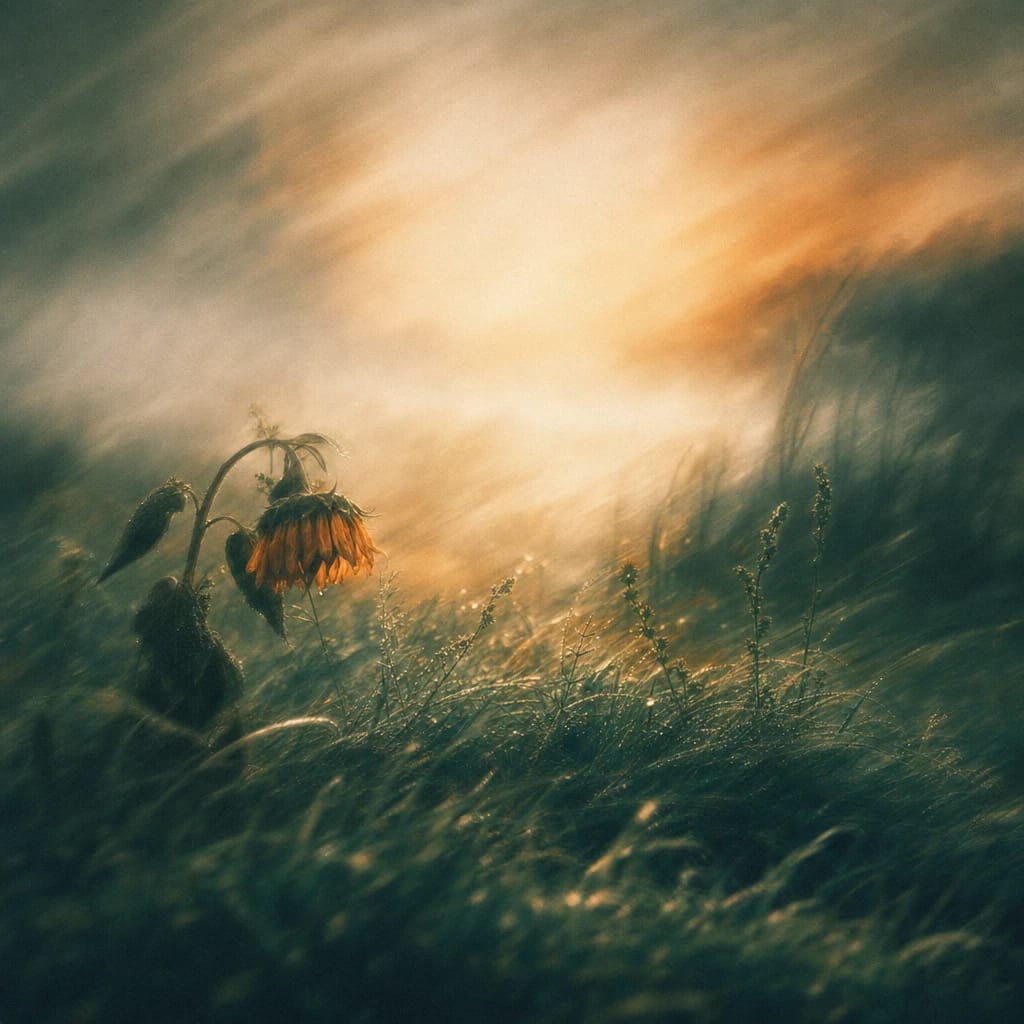 Stylized scene featuring a wilted sunflower drooping in early morning mist on dew-covered grass, rendered in deep forest green, off-white, and warm orange