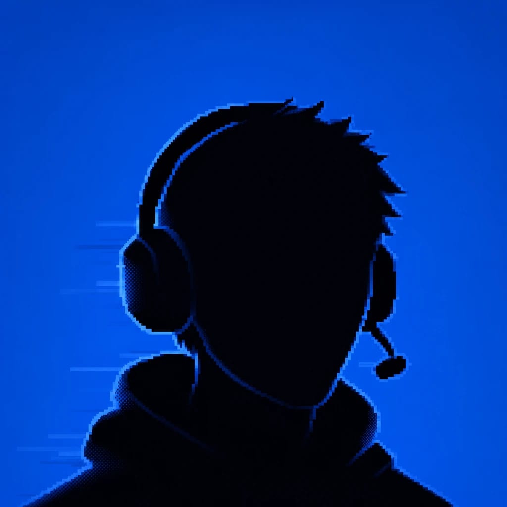 Stylized scene featuring pixel art gamer avatar with headset, rendered in #004CB6