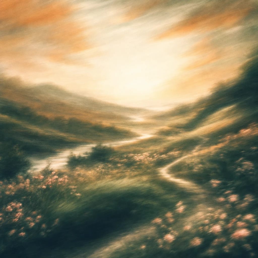 Stylized scene featuring a lush wildflower meadow with winding trails and scattered pink blossoms under a gentle dawn sky, rendered in deep forest green, off-white, and warm orange