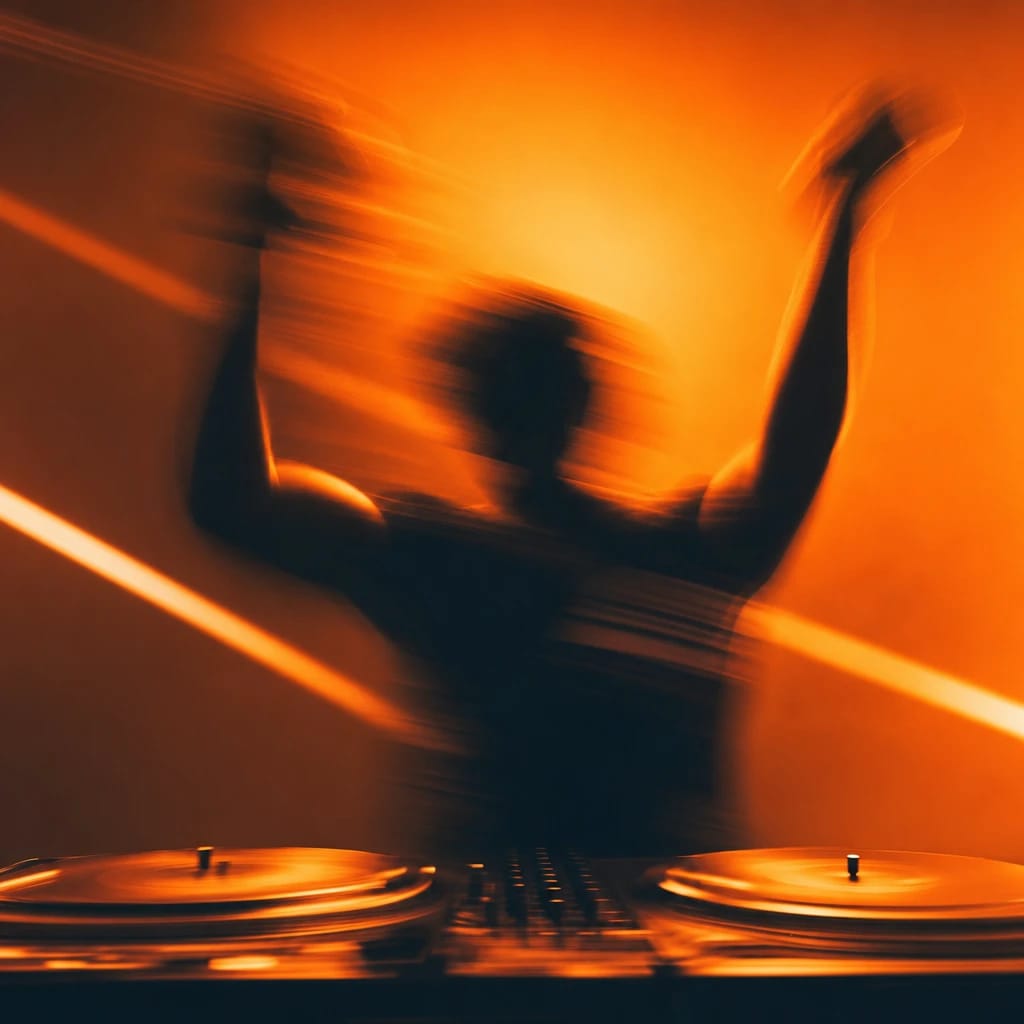 Stylized scene featuring a silhouetted DJ at a turntable booth with raised hands, club lights in the background, rendered in deep green, gray