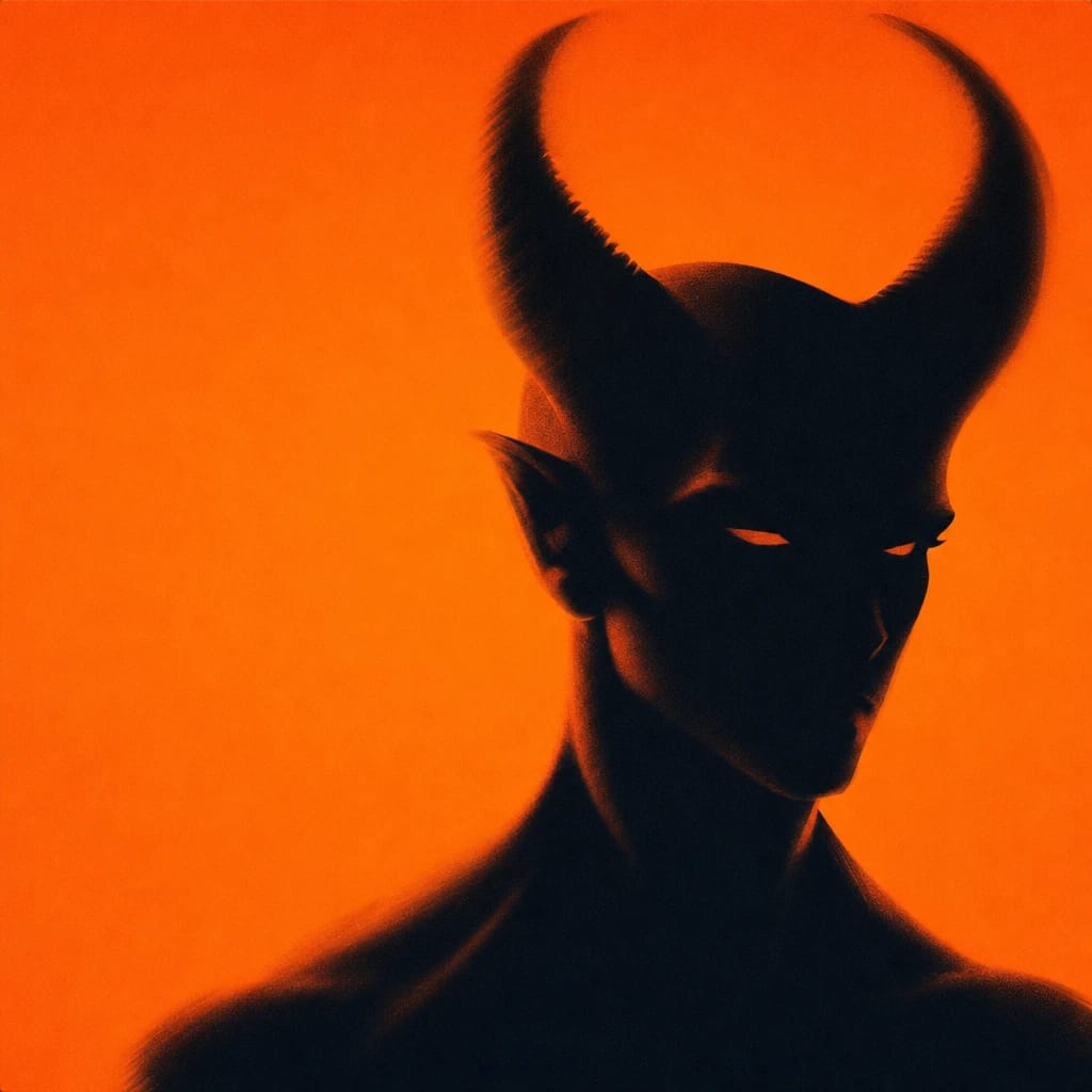 Stylized scene featuring a cartoonish red devil with curved horns, rendered in #F76D3F