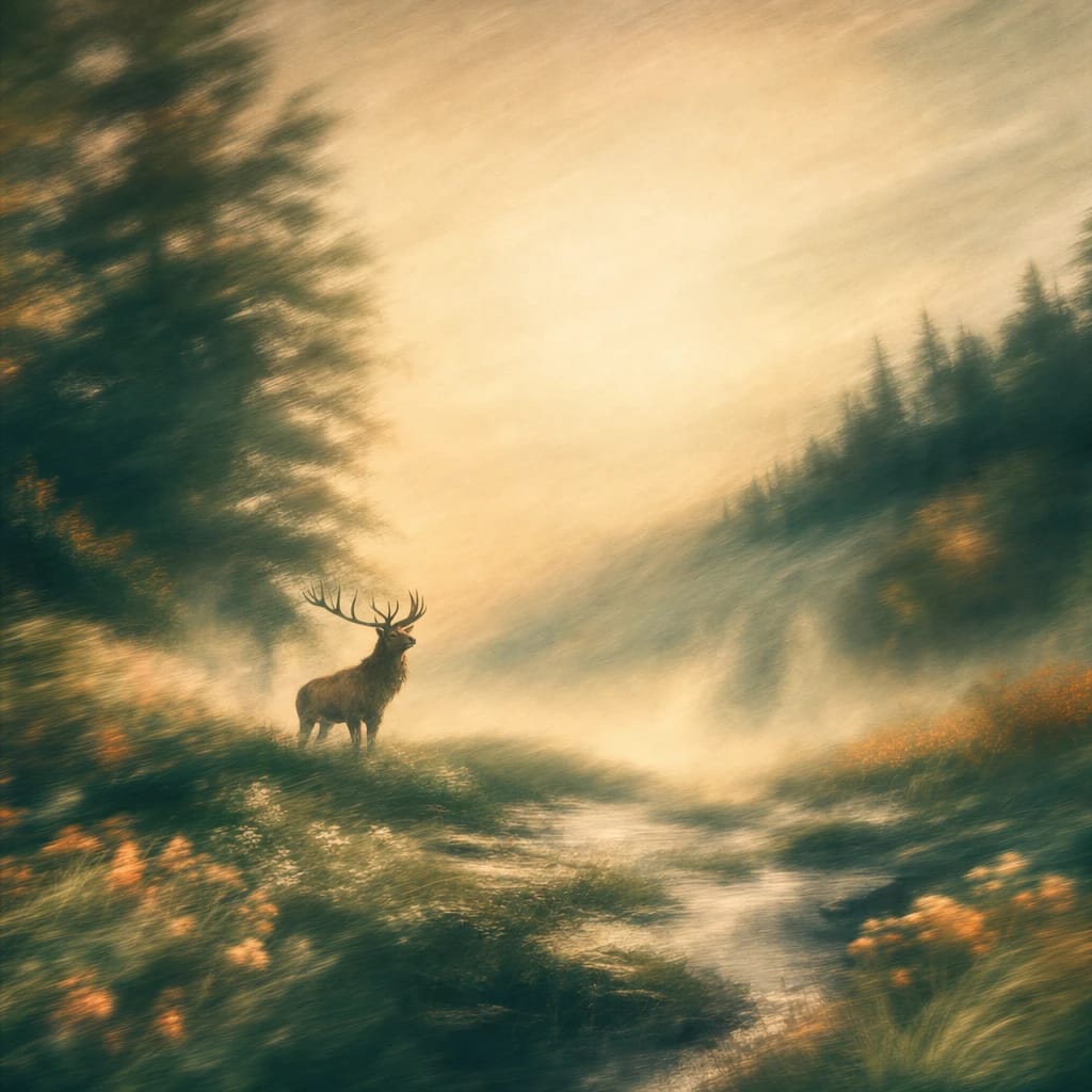 Stylized scene featuring a powerful stag standing at the edge of a sun-dappled forest clearing, morning mist rising from lush grass, rendered in deep forest green, off-white, and warm orange