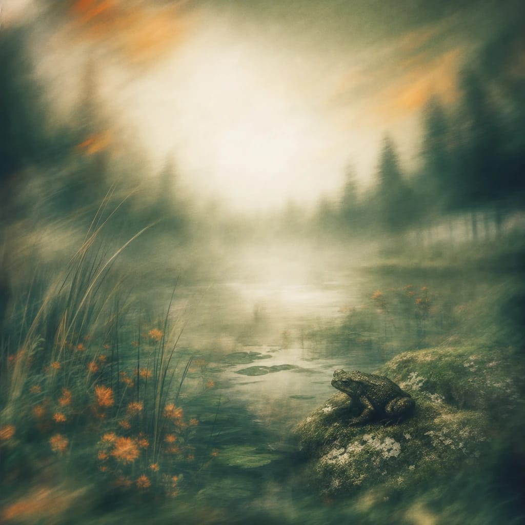 Stylized scene featuring a fog-draped woodland pond with reeds and lichen, where a toad rests on a mossy stone, rendered in deep forest green, off-white, and warm orange