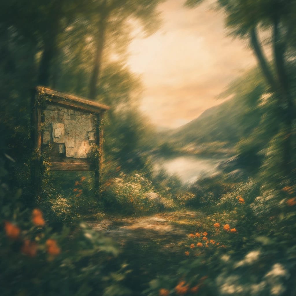 Stylized scene featuring a cluttered woodland clearing with a weathered wooden bulletin board covered in pinned maps and notes, bathed in dappled light beneath towering trees, rendered in deep forest green, off-white, and warm orange