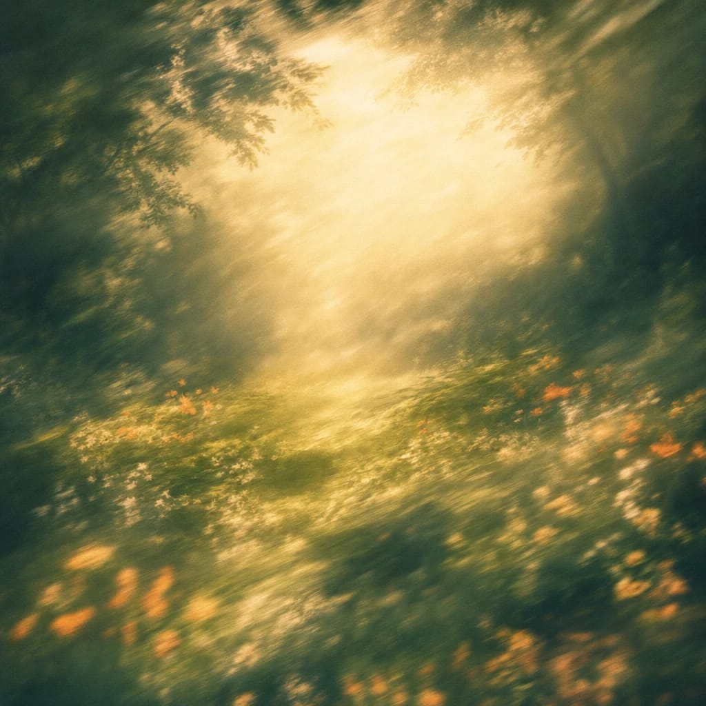 Stylized scene featuring a sunlit forest clearing with soft moss and gentle rays filtering through leafy green foliage, rendered in deep forest green, off-white, and warm orange
