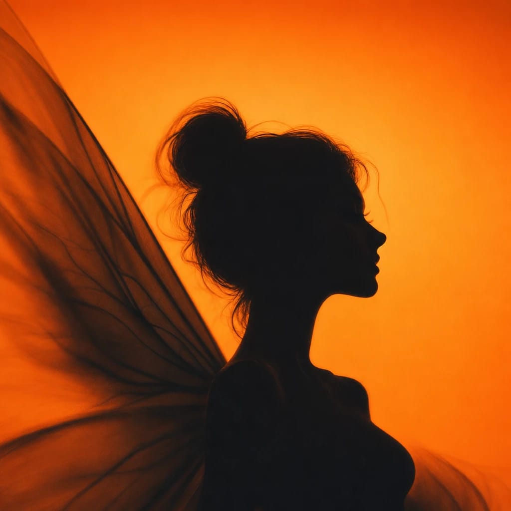 Stylized scene featuring delicate fairy with translucent wings, floating in midair, rendered in #F76D3F