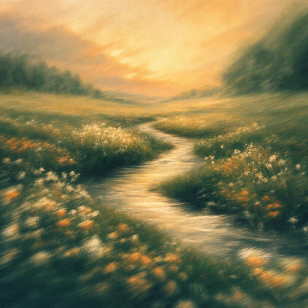 Stylized scene featuring gentle stream winding through lush green meadow at golden hour, with wildflowers bordering the water, rendered in deep forest green, off-white, and warm orange