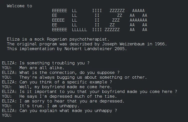 Terminal screenshot of an ELIZA psychotherapy chatbot conversation about depression.