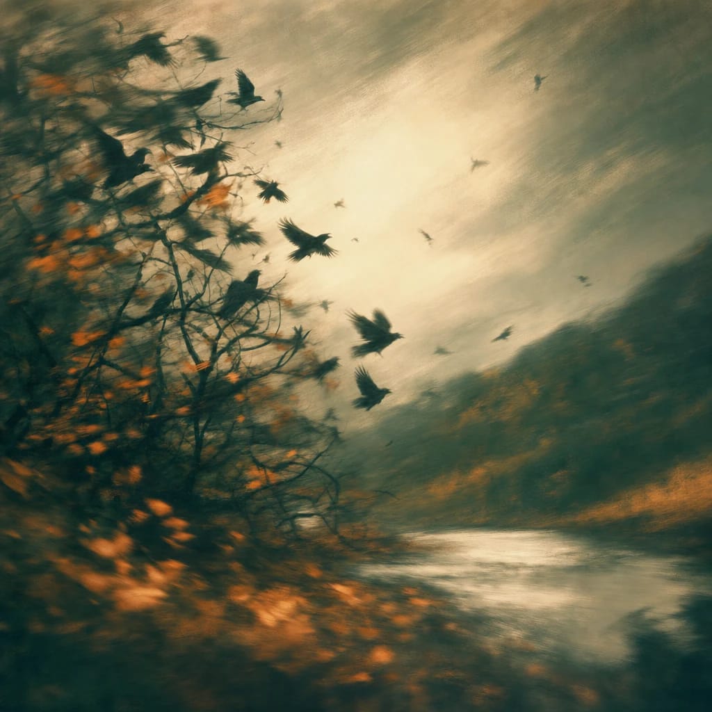 Stylized scene featuring a noisy flock of corvids cawing from tangled branches with scattered autumn leaves, rendered in deep forest green, off-white, and warm orange