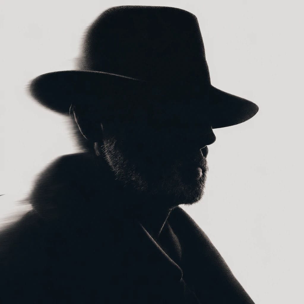 Stylized scene featuring weathered old blues singer with scruffy beard, rendered in #D7D5D5