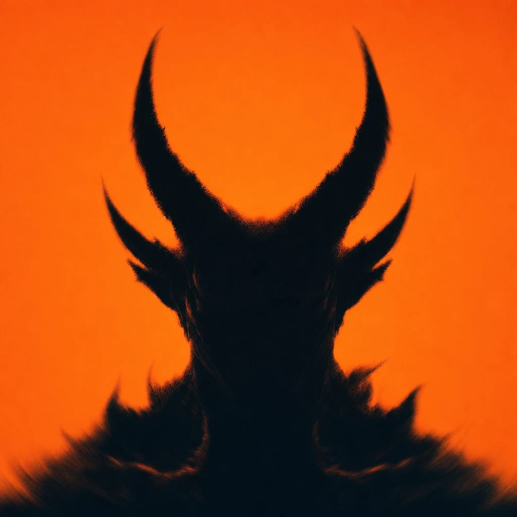 Stylized scene featuring fiery horned demon silhouette, rendered in #F76D3F