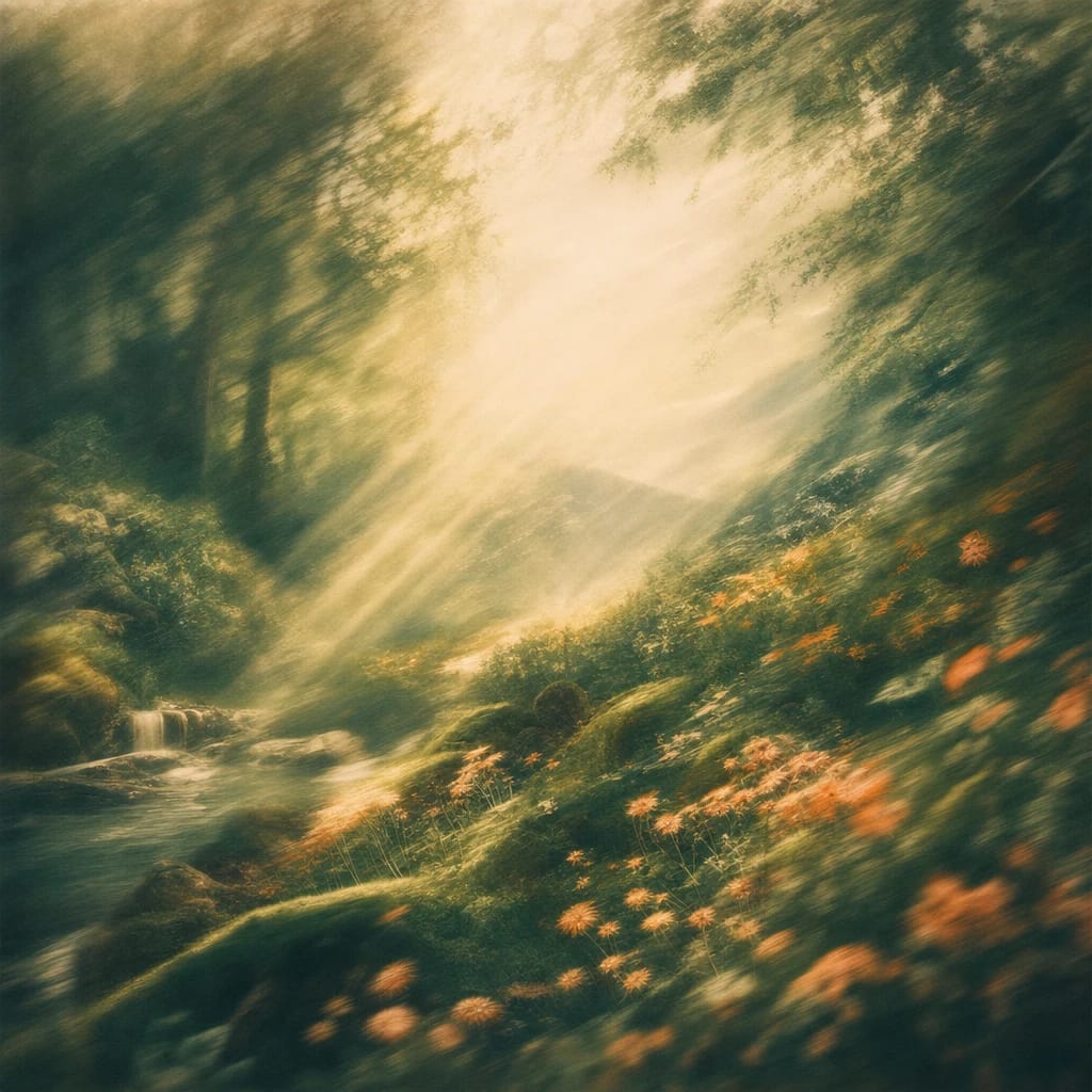 Stylized scene featuring sunbeams filtering through a dense forest canopy onto a mossy, flowering woodland floor, rendered in deep forest green, off-white, and warm orange